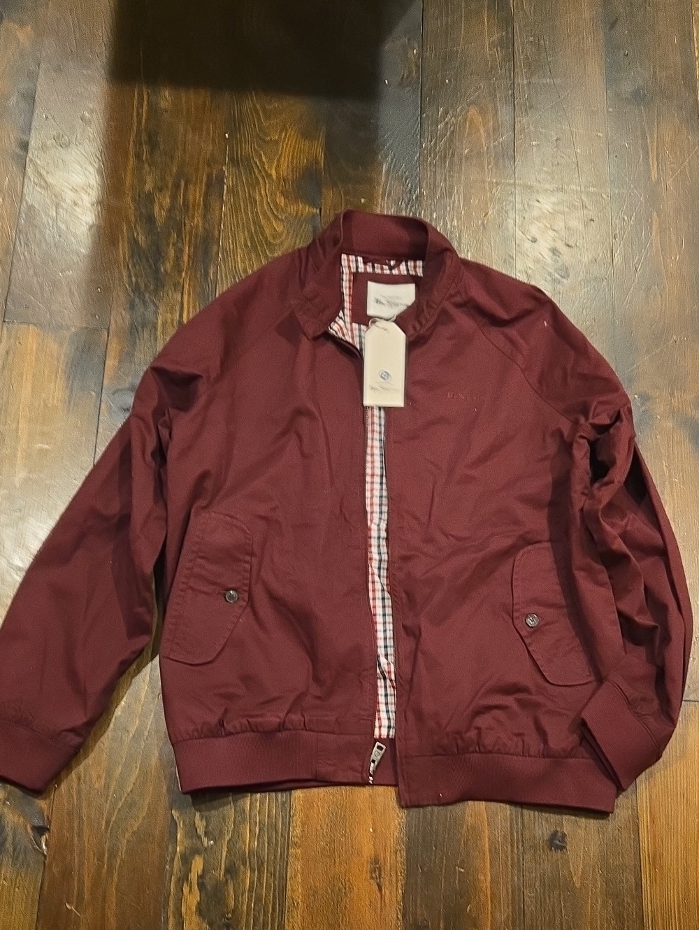 Ben Sherman Signature Harrington Jacket Burgundy Cherry Mod gingham Lined Sz L